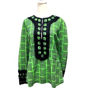 Tory Burch Dorelia Tunic Top Size 20 Green Navy Blue Crochet V Neck Long Sleeve